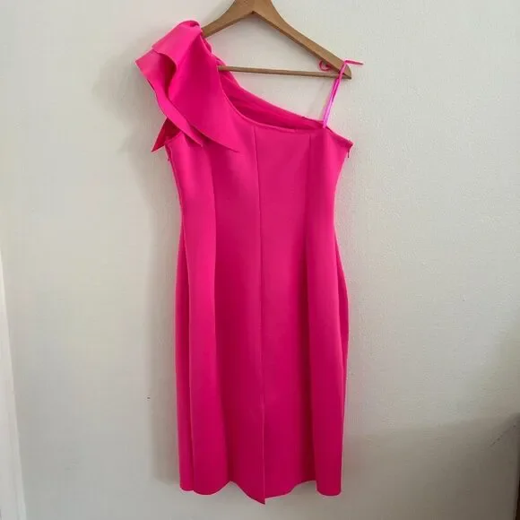Eliza J. One-Shoulder Scuba Crepe Cocktail Dress in Hot Pink - Picture 3 of 8